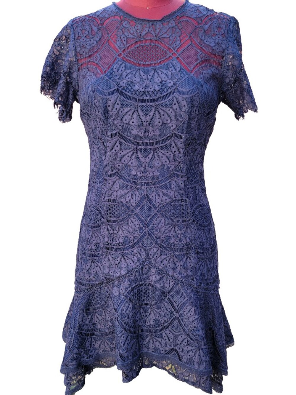Jonathan Simkhai Flutter Mini Dress Navy Lace Crew Neck Short Sleeves 6